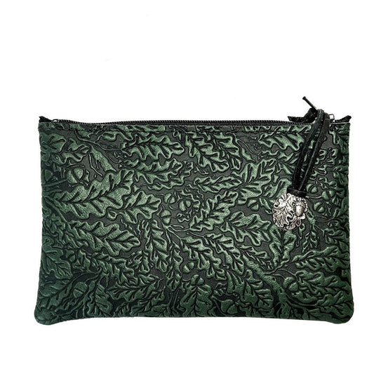 Leather 6 inch Zipper Pouch, Wallet, Coin Purse, Oak Leaves in Green