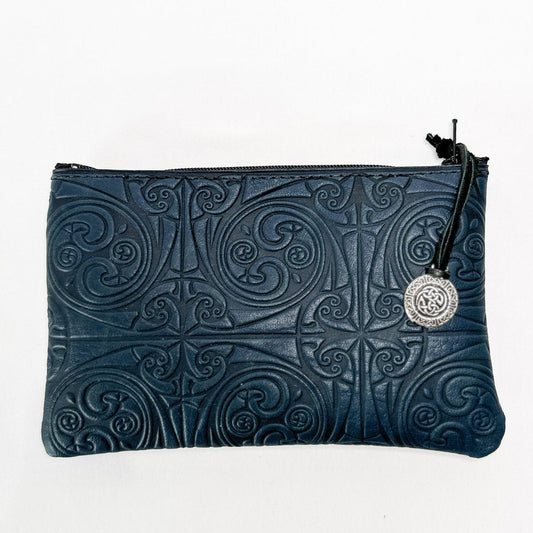 Leather 6 inch Zipper Pouch, Wallet, Coin Purse, Tresklion Knot, Navy