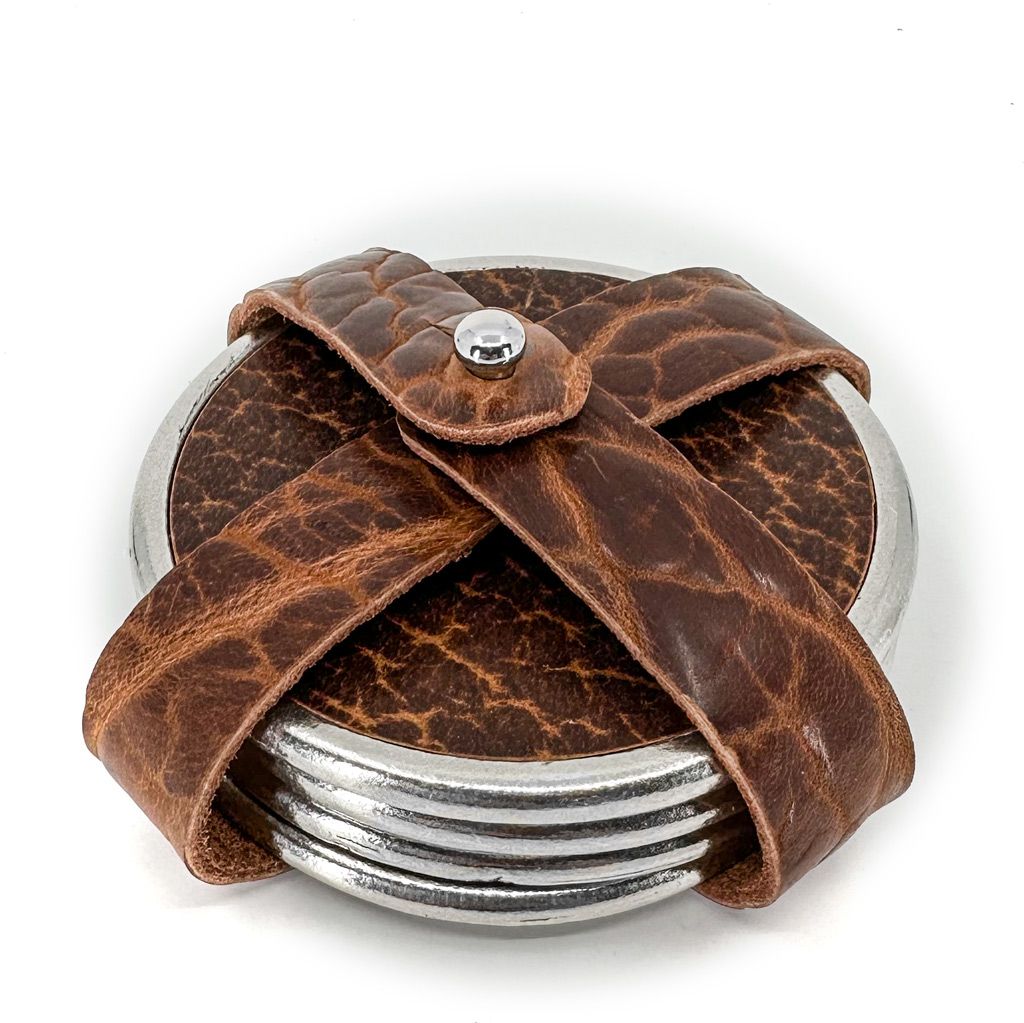 Premium Leather & Metal Coasters, Bison, Handmade in the USA, Set of 4  with Strap Holder