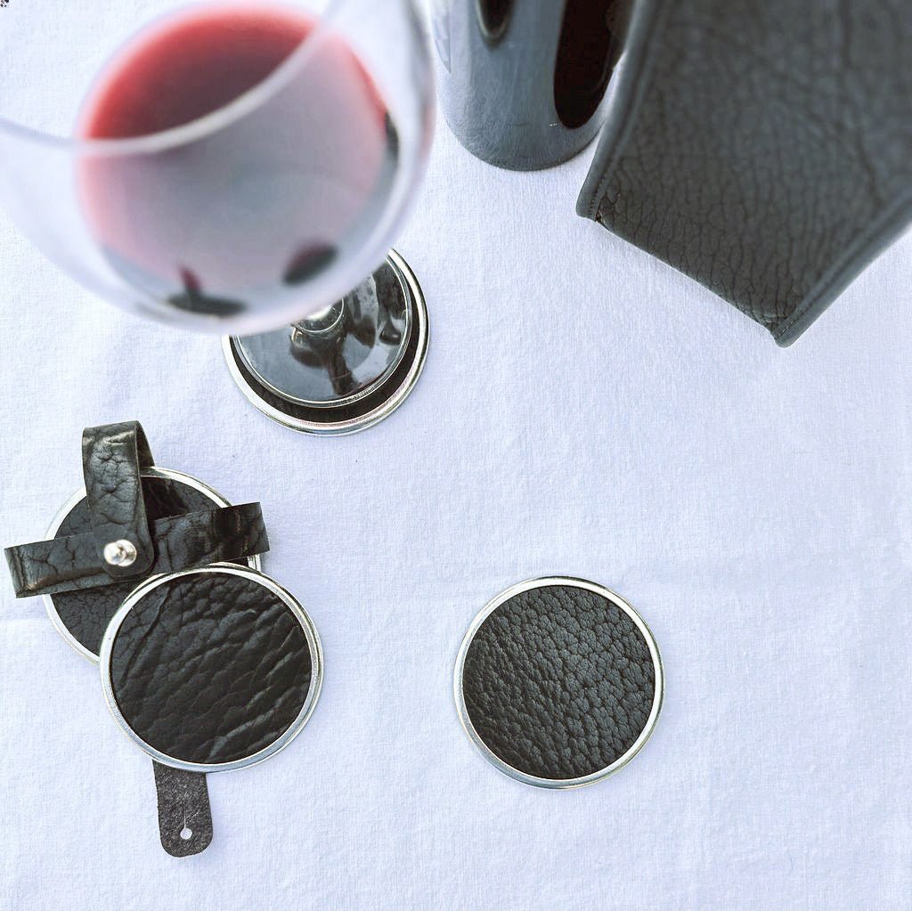 Premium Leather & Metal Coasters, Bison, Handmade in the USA, Set of 4