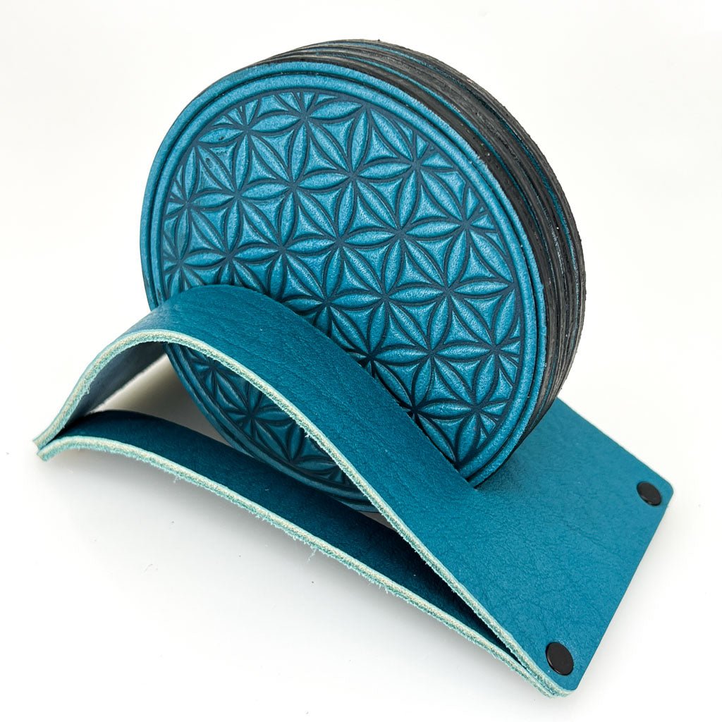 Premium Leather Coasters, Flower of Life, Blue in Stand Holder