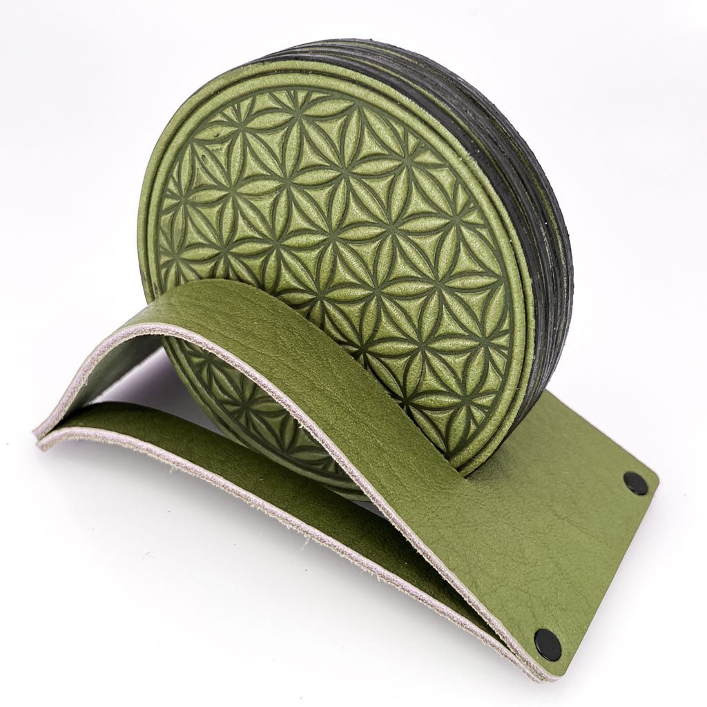 Premium Leather Coasters, Flower of Life, Fern in Stand Holder