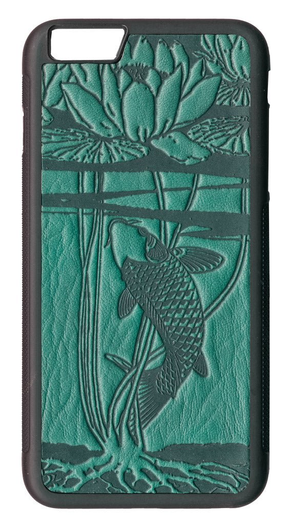 Oberon Design Leather iPhone SE Case, Hand-Crafted, Water Lily Koi, Teal
