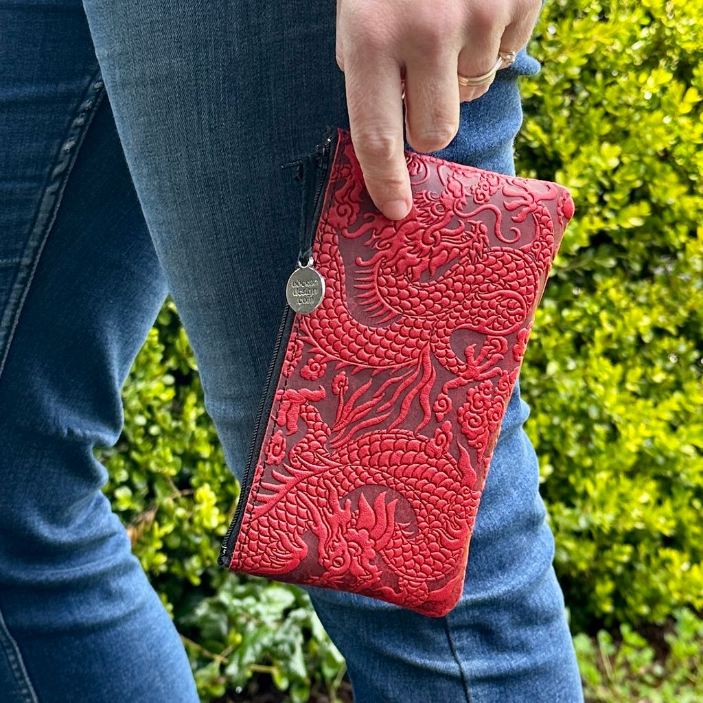 Oberon Design Leather Zip Wristlet Pouch, Wallet, Cloud Dragon, Red