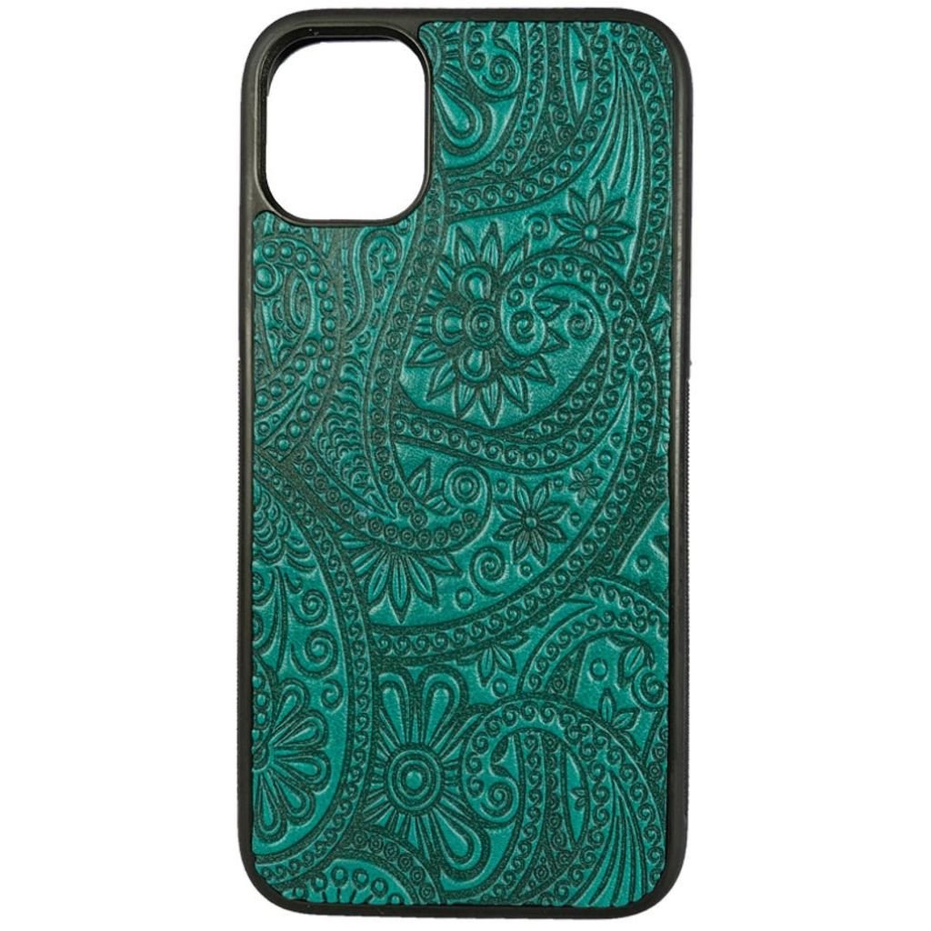 Oberon Design Genuine Leather iPhone Case, Hand-Crafted, Paisley, Teal