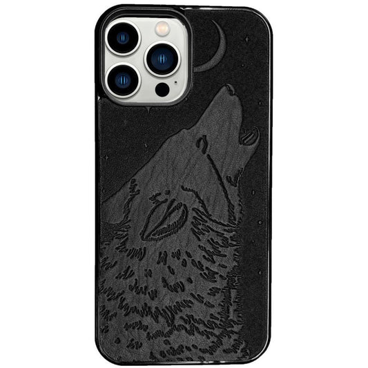 Oberon Design Genuine Leather iPhone Case, Hand-Crafted, Singing Wolf, Black
