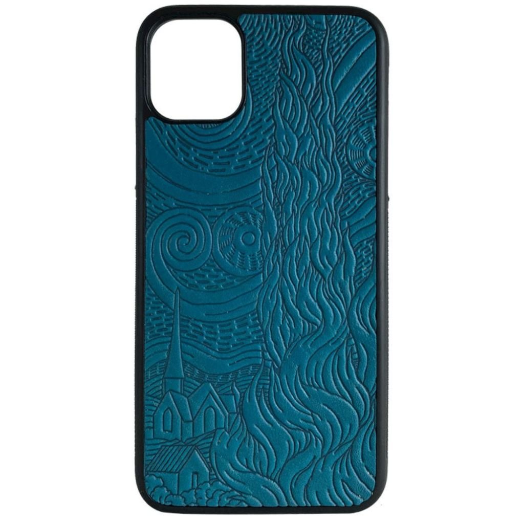 Oberon Design Leather iPhone Case, Hand-Crafted, Van Gogh's Sky, Blue
