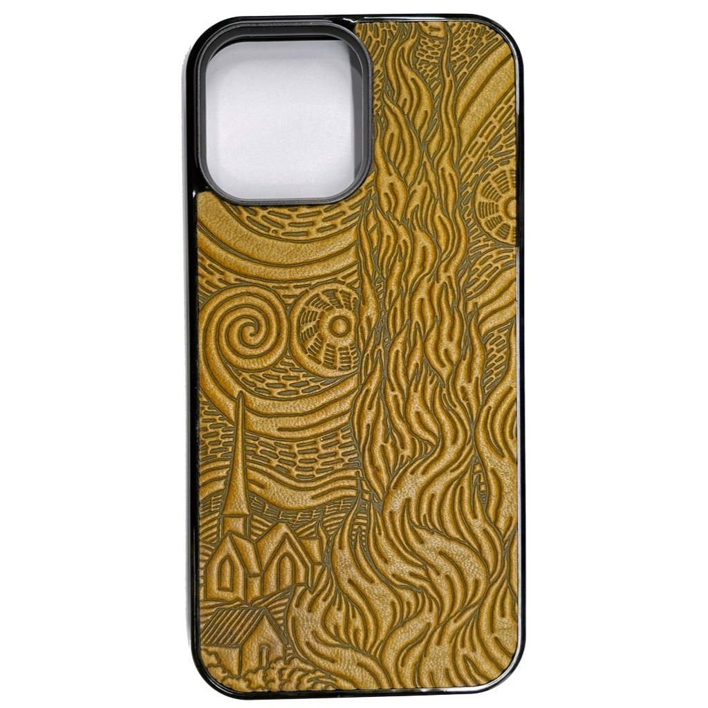 Oberon Design Leather iPhone Case, Hand-Crafted, Van Gogh's Sky, Marigold