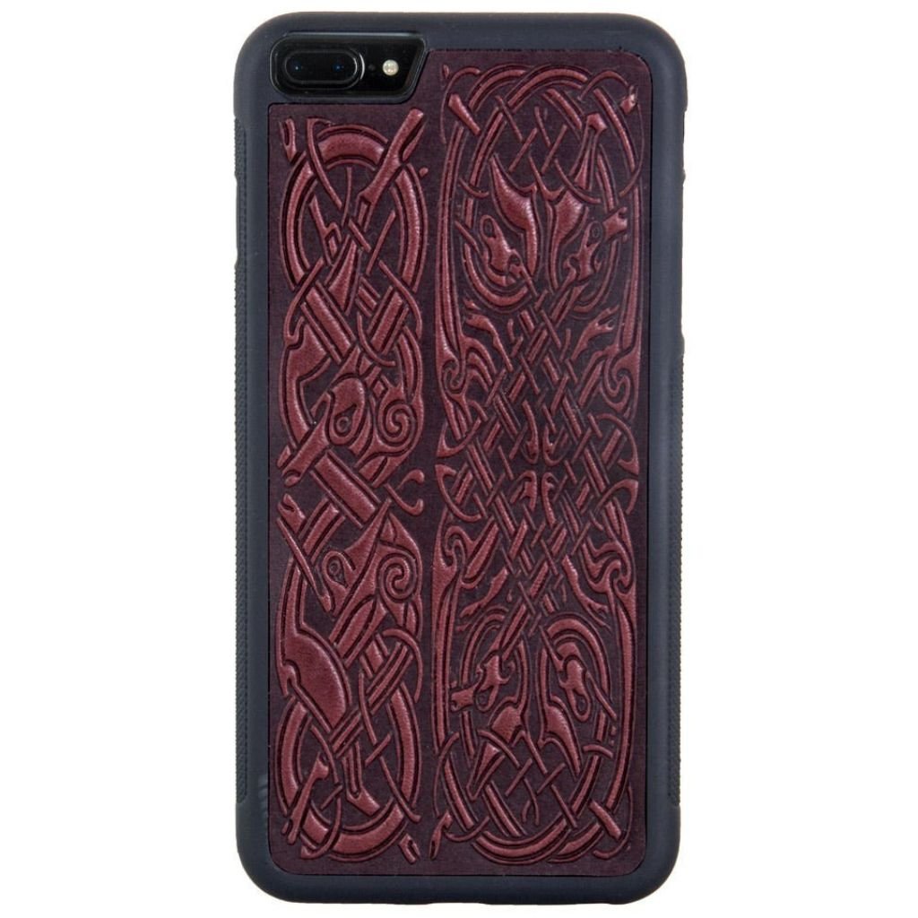 Oberon Design Genuine Leather iPhone SE Case, Hand-Crafted, Celtic Hounds, Wine