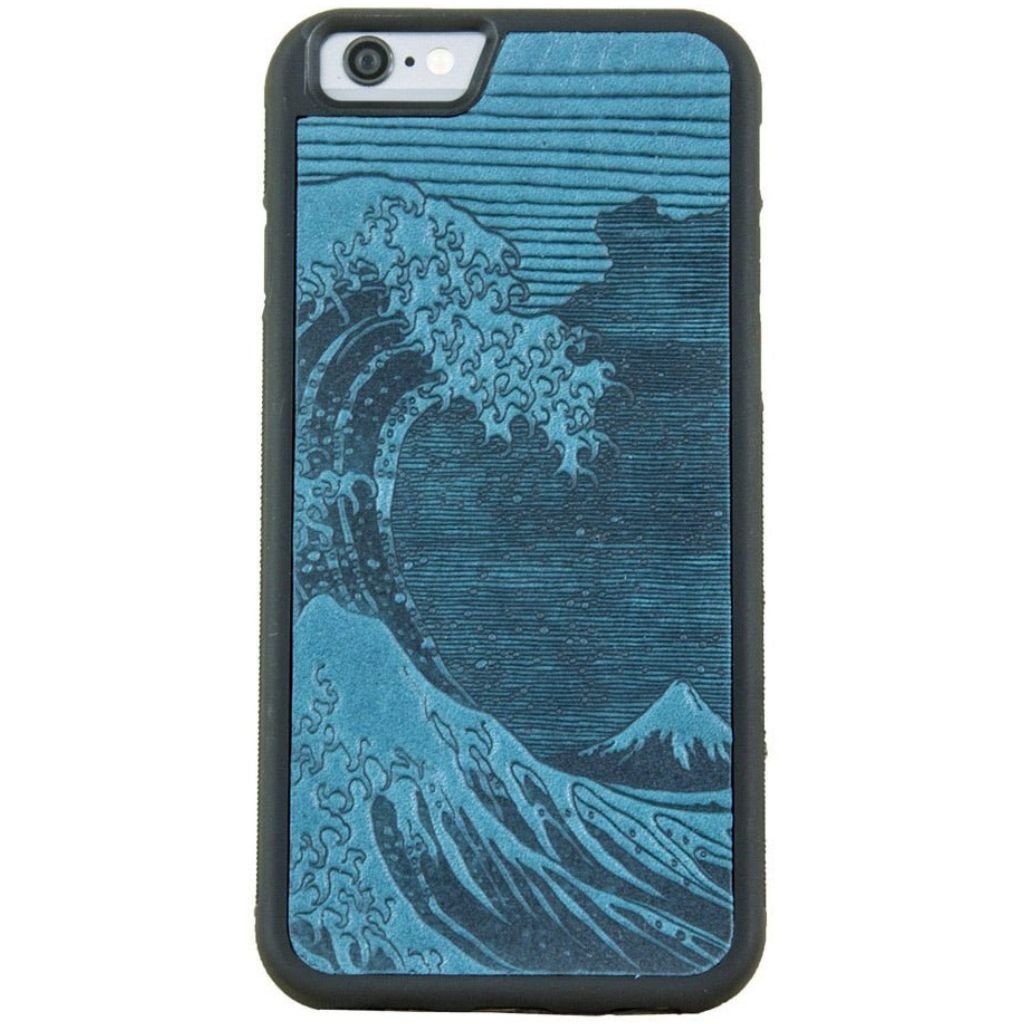 Oberon Design Genuine Leather iPhone SE Case, Hand-Crafted, Hokusai Wave, Blue