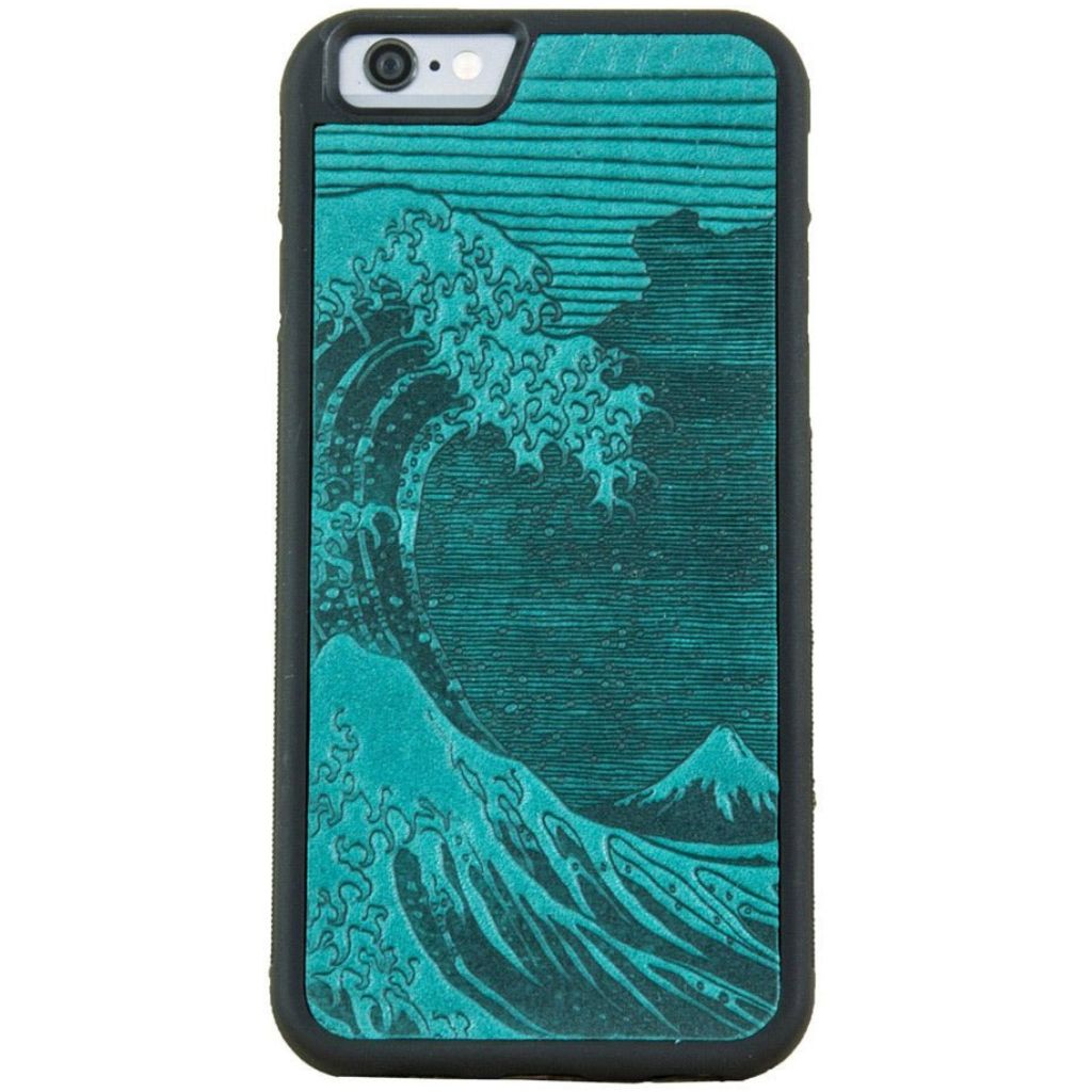 Oberon Design Genuine Leather iPhone SE Case, Hand-Crafted, Hokusai Wave, Teal
