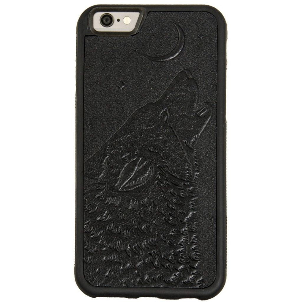 Oberon Design Genuine Leather iPhone SE Case, Hand-Crafted, Singing Wolf, Black