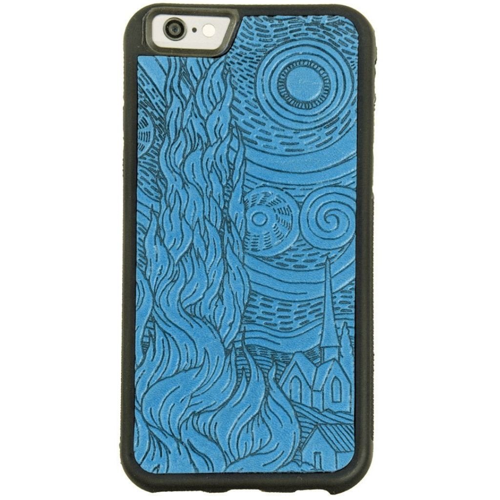 Oberon Design Leather iPhone Case, Hand-Crafted, Van Gogh's Sky, Blue
