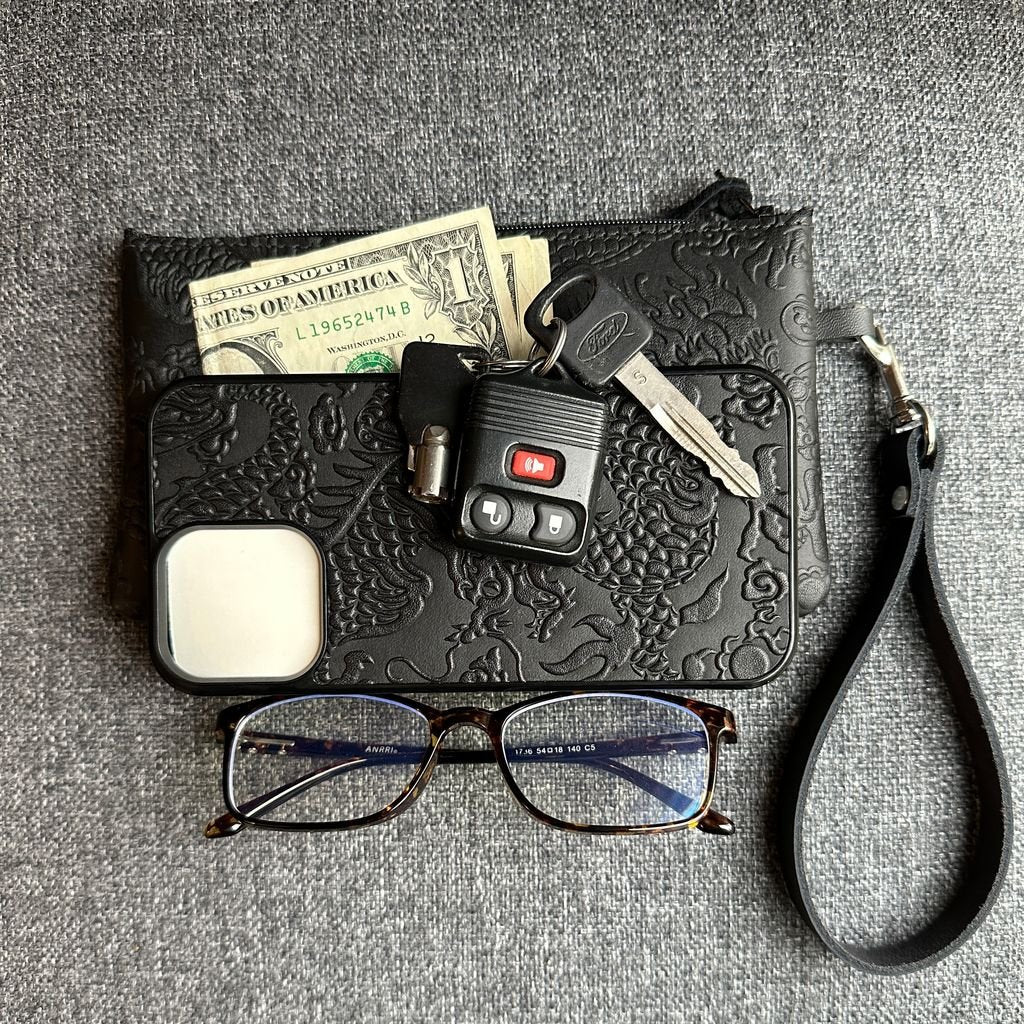 Oberon Design Leather Zip Wristlet Pouch, Wallet, Contents