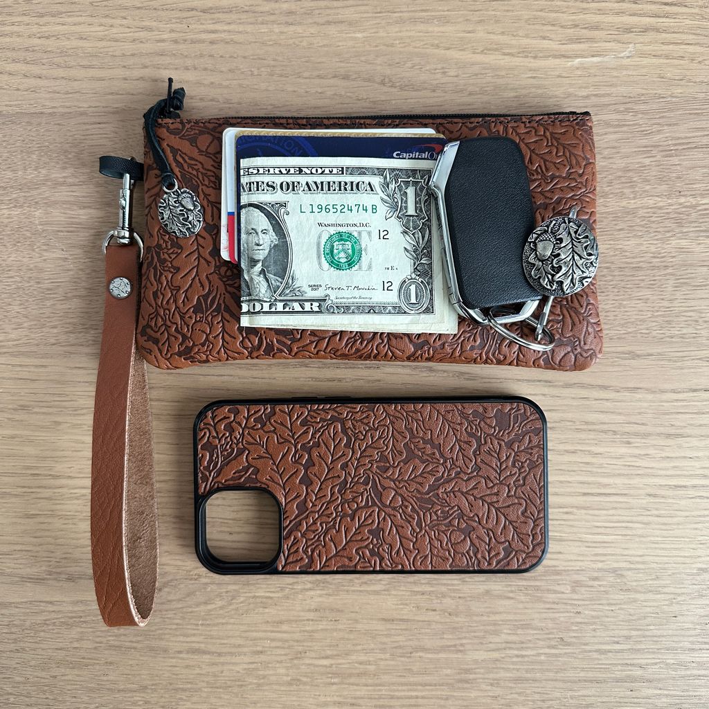 Oberon Design Leather Zip Wristlet Pouch, Wallet, Oak Leaves, Contents