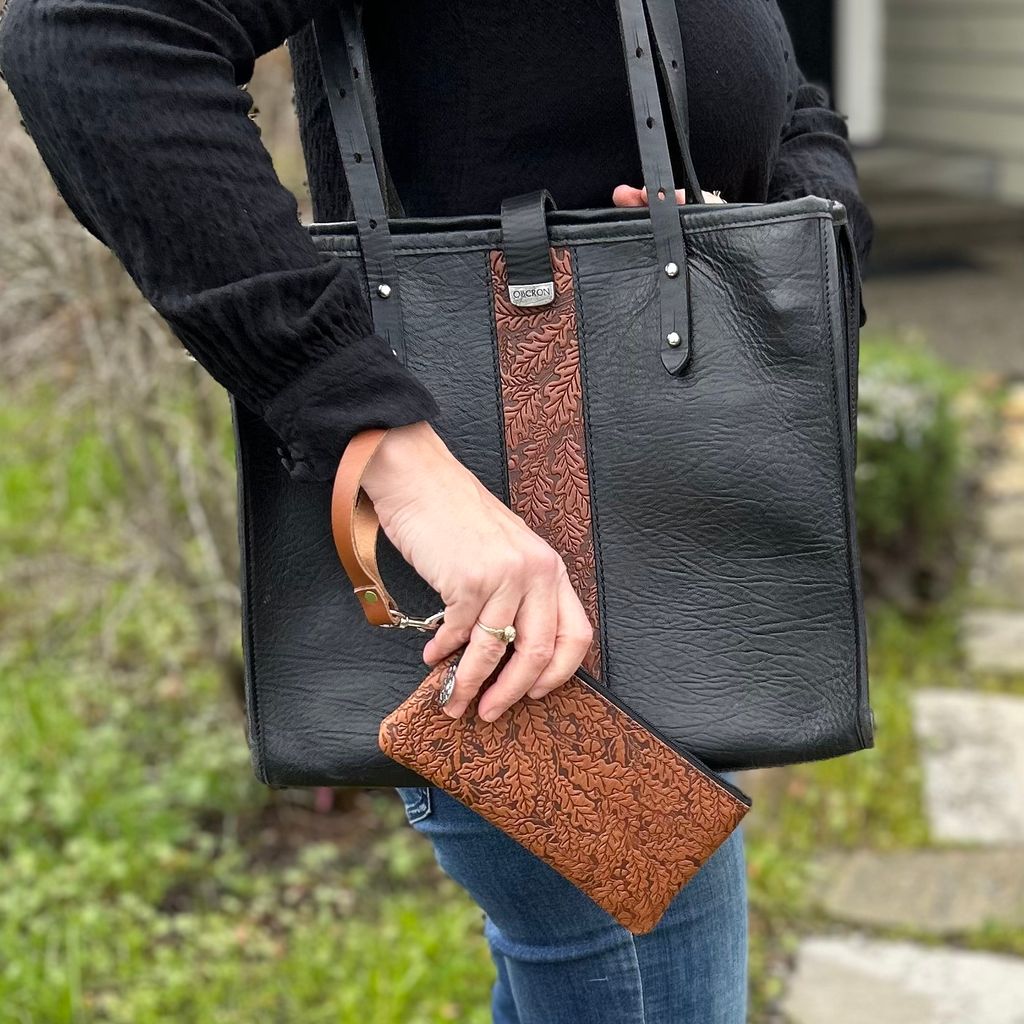 Oberon Design Leather Zip Wristlet Pouch, Wallet, Oak Leaves with Matching Tote