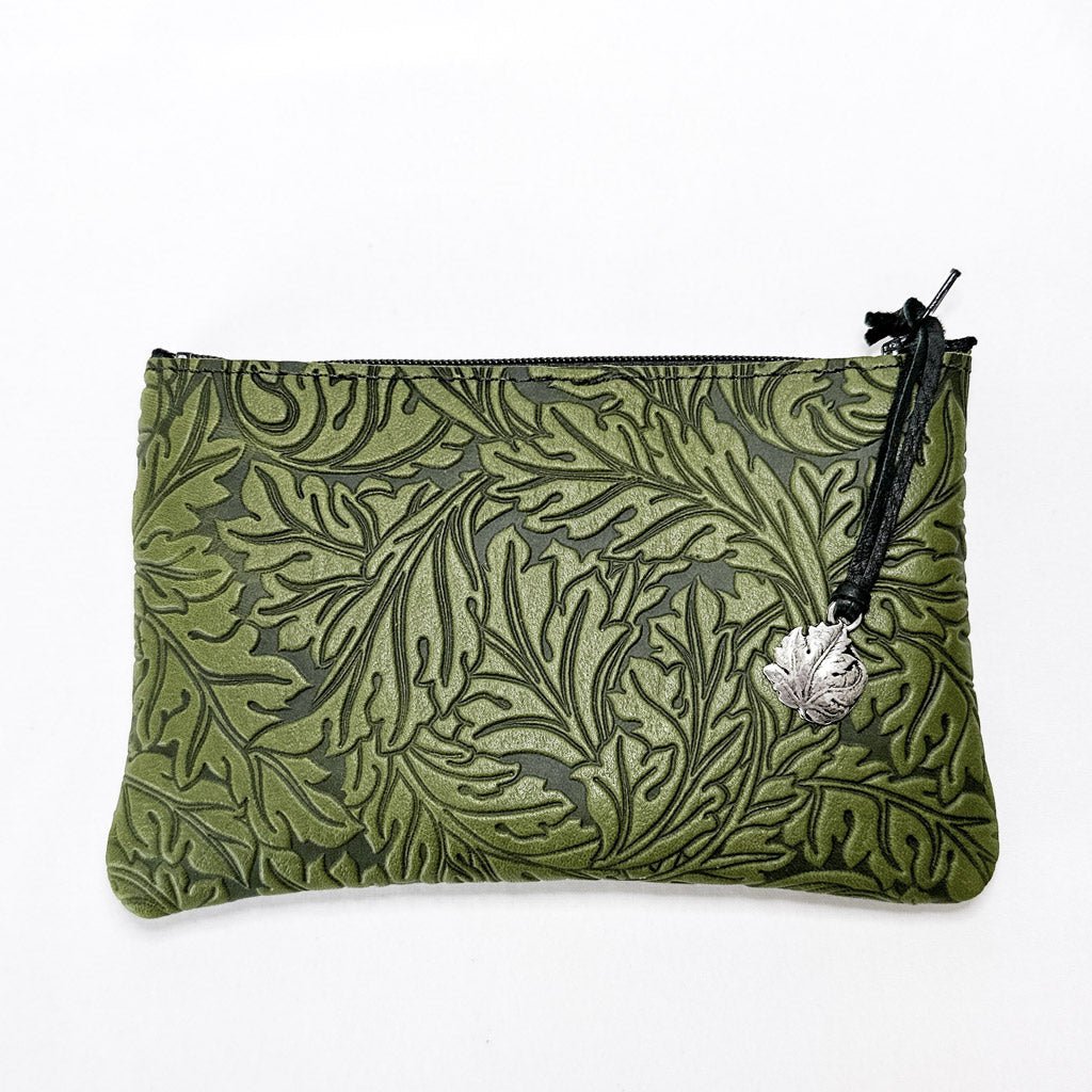 Leather 6 inch Zipper Pouch, Wallet, Coin Purse, Acanthus in Fern