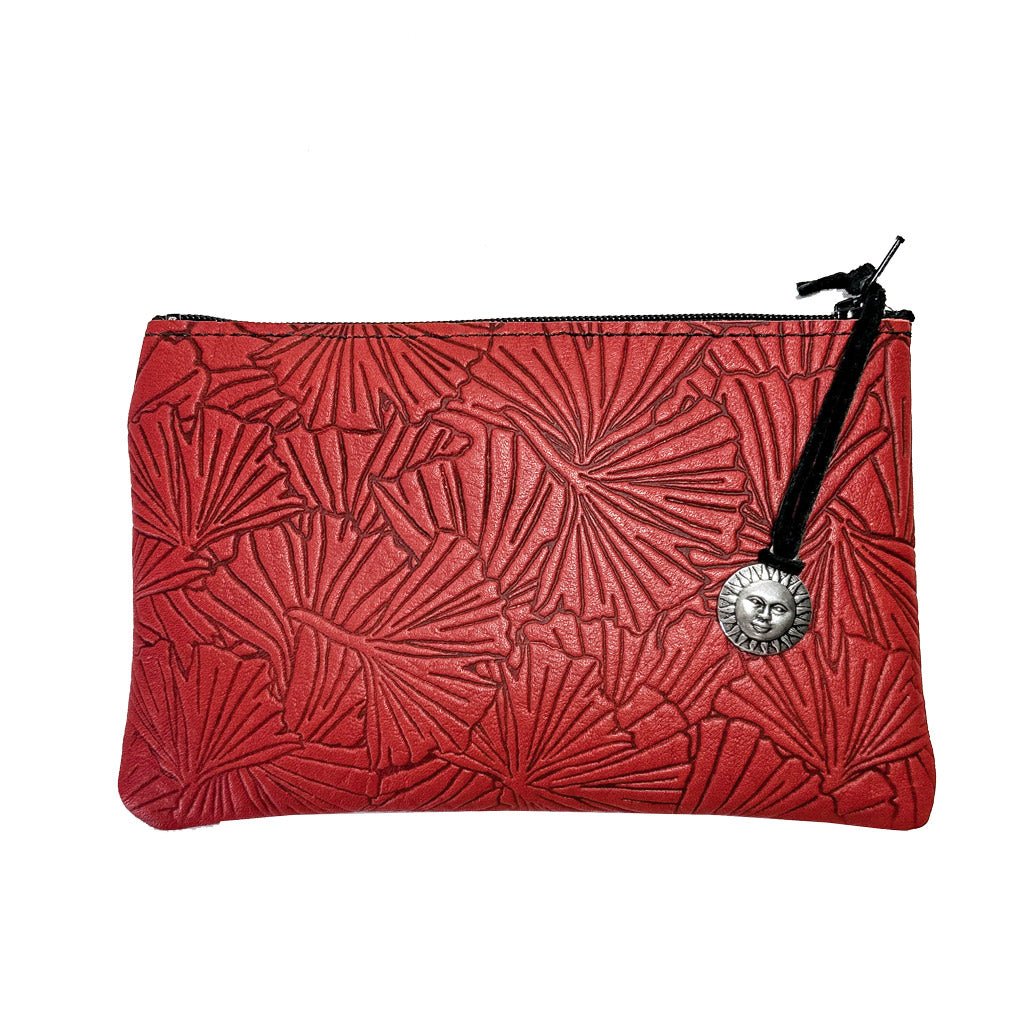 Leather 6 inch Zipper Pouch, Wallet, Coin Purse, Ginkgo in Red