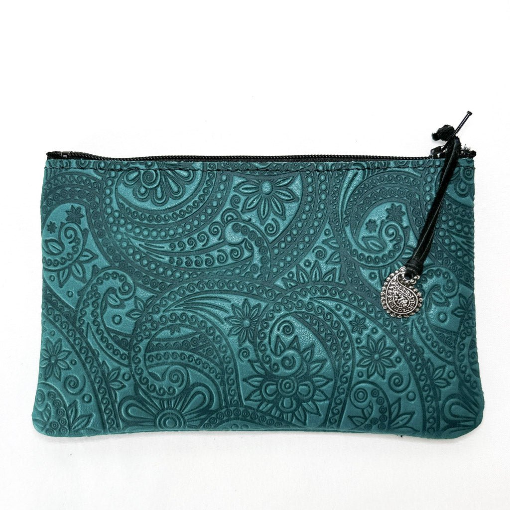 Leather 6 inch Zipper Pouch, Wallet, Coin Purse, Paisley in Teal
