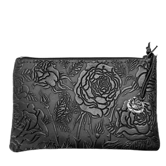 Oberon Design Leather 6 inch Zipper Pouch, Wallet, Coin Purse, Wild Rose, Black