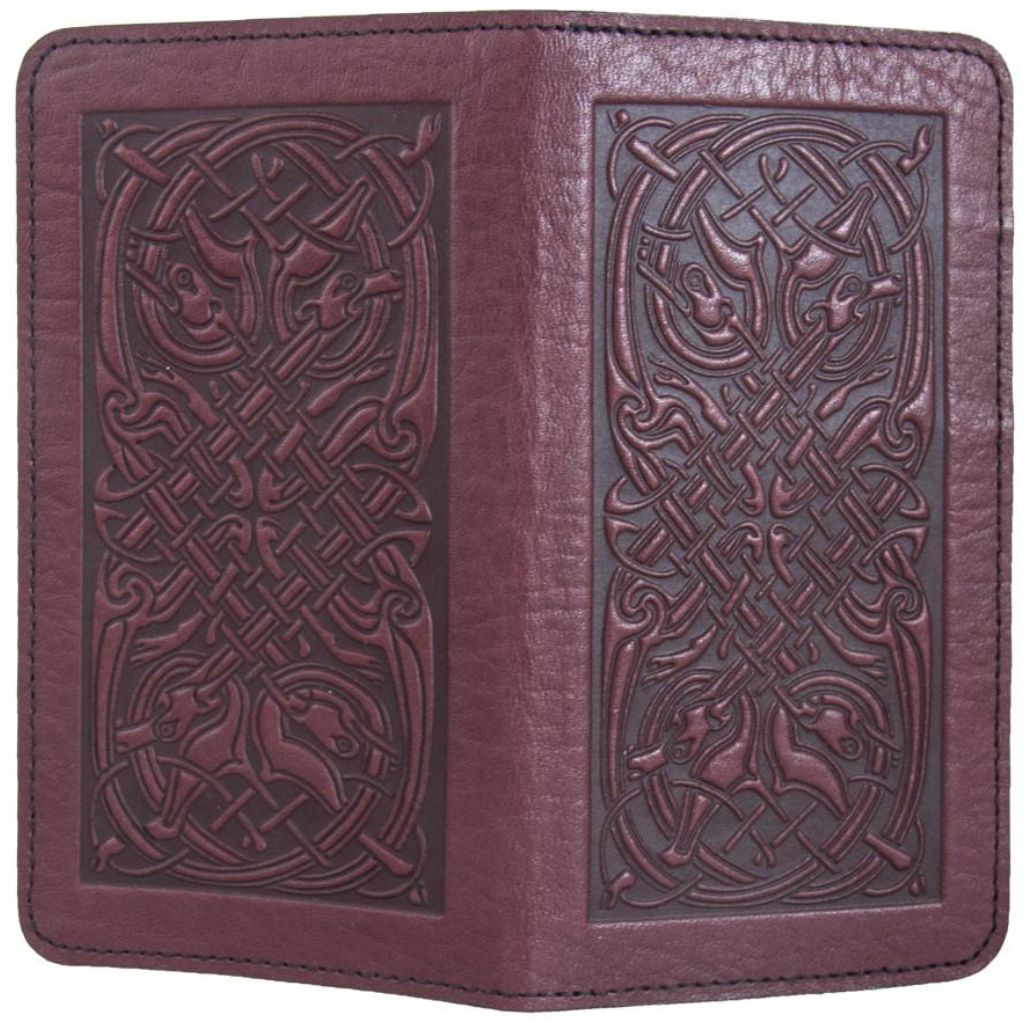 Leather Checkbook Cover | Celtic Hounds in Wine