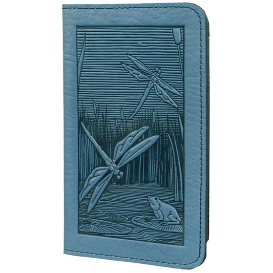 Leather Checkbook Cover | Dragonfly Pond in Sky Blue