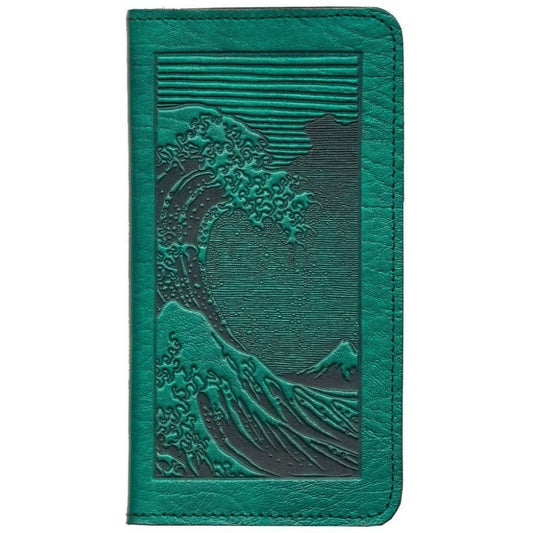 Leather Checkbook Cover | Hokusai Wave in Teal