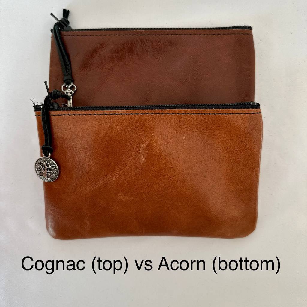 Leather Zipper Pouch Coin Purse Acorn and Cognac Compared