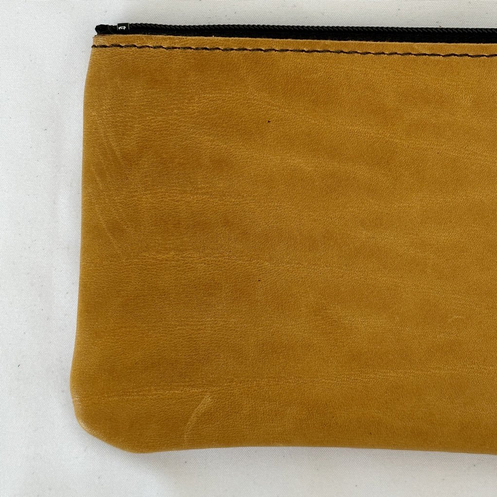 Leather 6 inch Zipper Pouch, Wallet, Coin Purse in Yellow, Detail