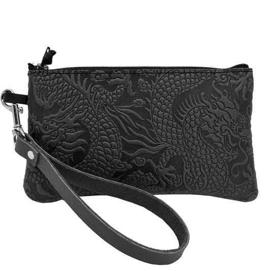 Oberon Design Leather Zip Wristlet Pouch, Wallet, Cloud Dragon, Black