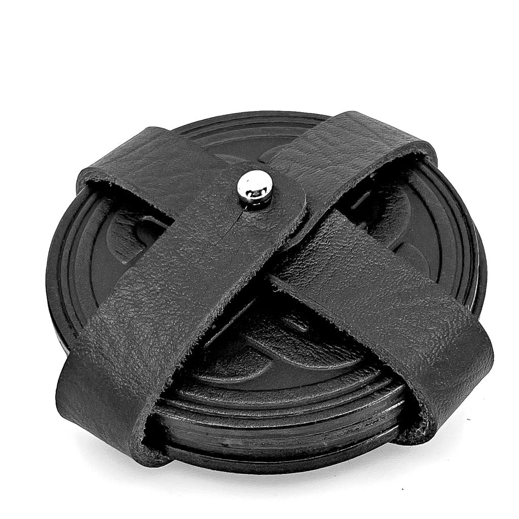 Oberon Design Premium Leather Coasters in Strap Holder, Black
