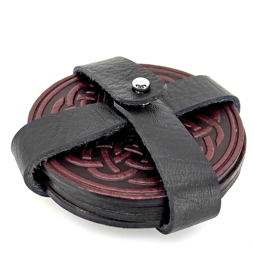 Premium Leather Coasters in Strap Holder, Celtic Fish Knot, WIne