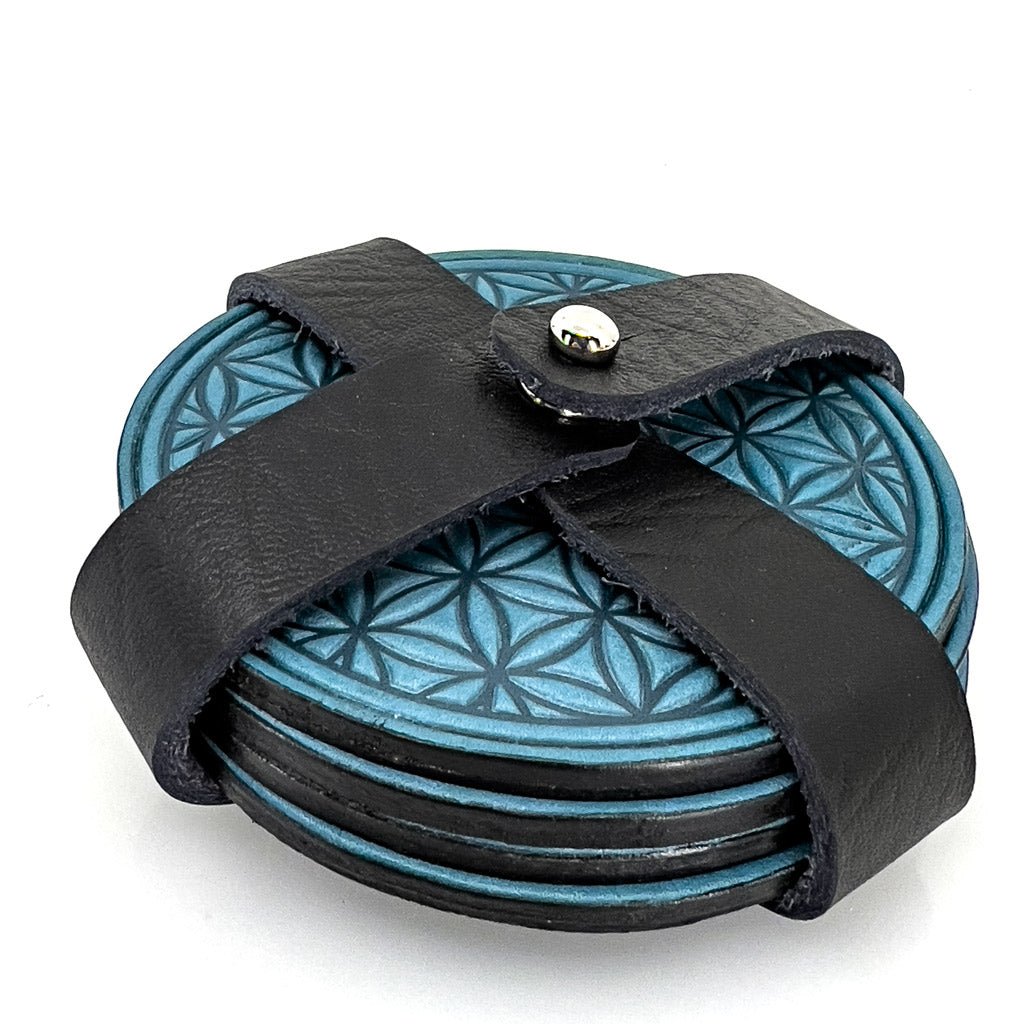 Oberon Design Premium Leather Coasters in Strap Holder, Blue