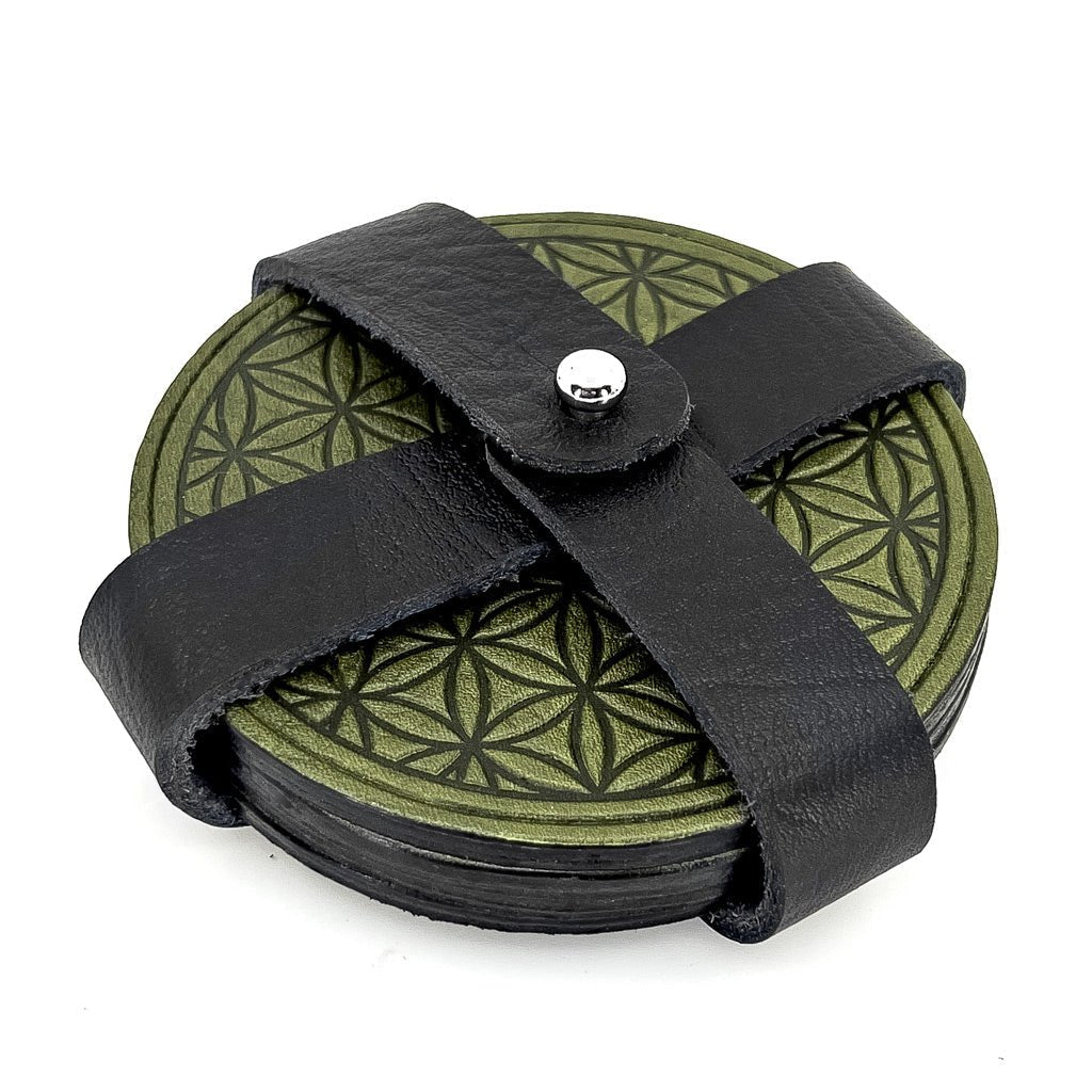 Oberon Design Premium Leather Coasters in Strap Holder, Fern
