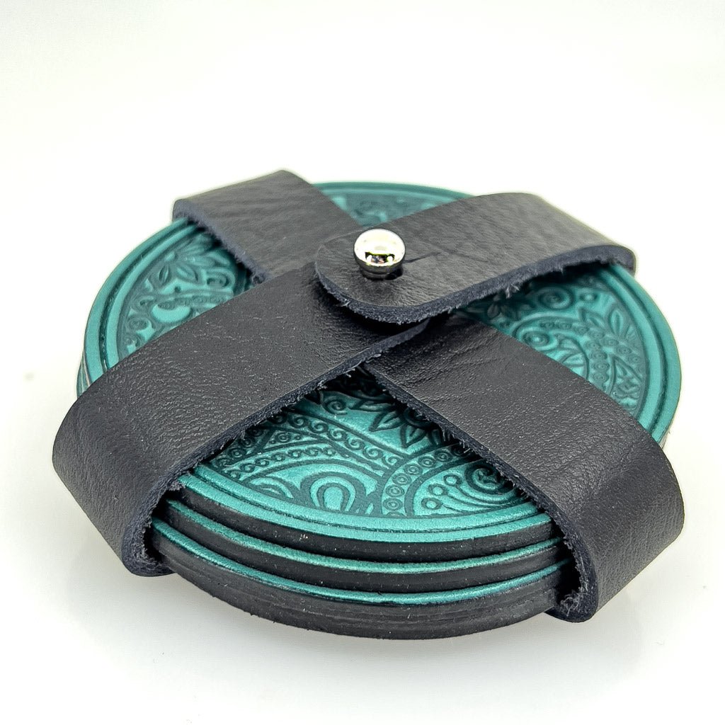 Oberon Design Premium Leather Coasters in Strap Holder, Teal