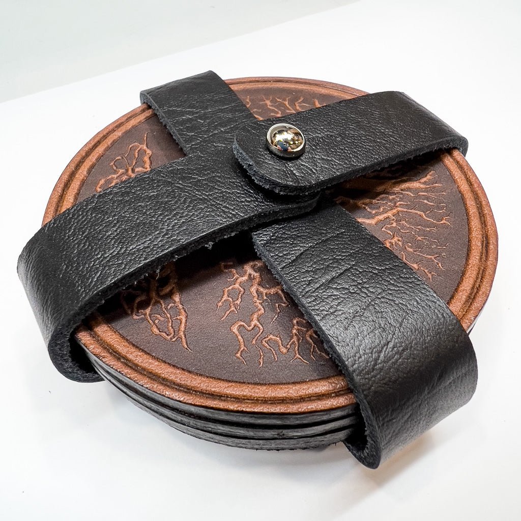 Premium Leather Coasters, Tree of Life, Handmade in The USA, Set of 4, Saddle in Strap Holder