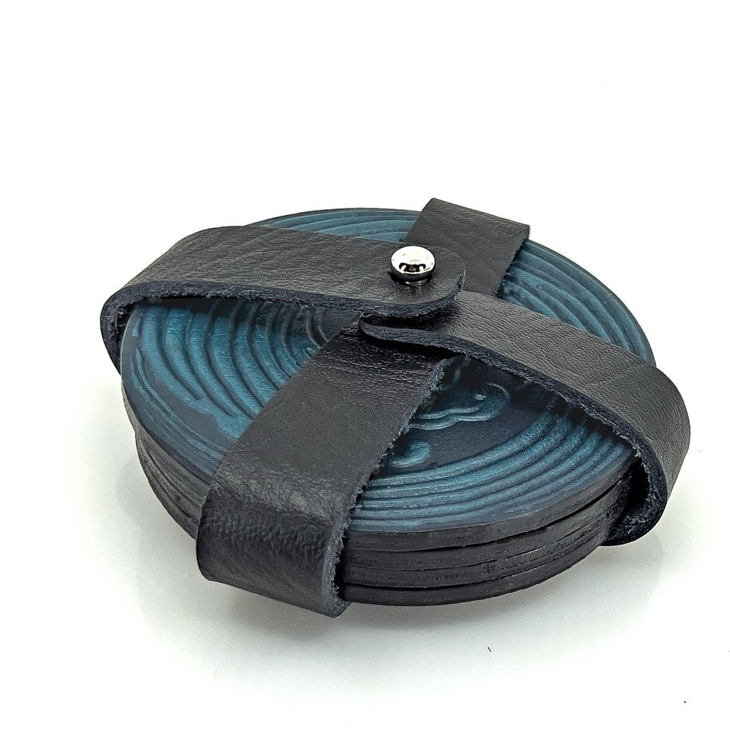 Oberon Design Premium Leather Coasters in Strap Holder, Blue