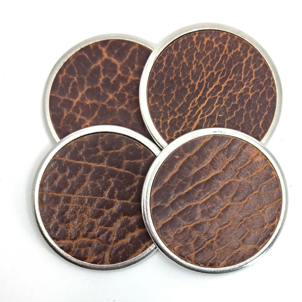 Premium Leather & Metal Coasters, Bison, Handmade in the USA, Set of 4