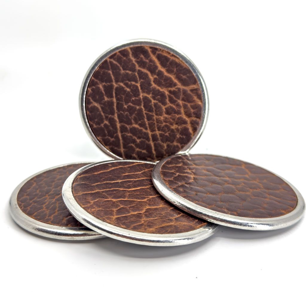 Premium Leather & Metal Coasters, Bison, Handmade in the USA, Set of 4