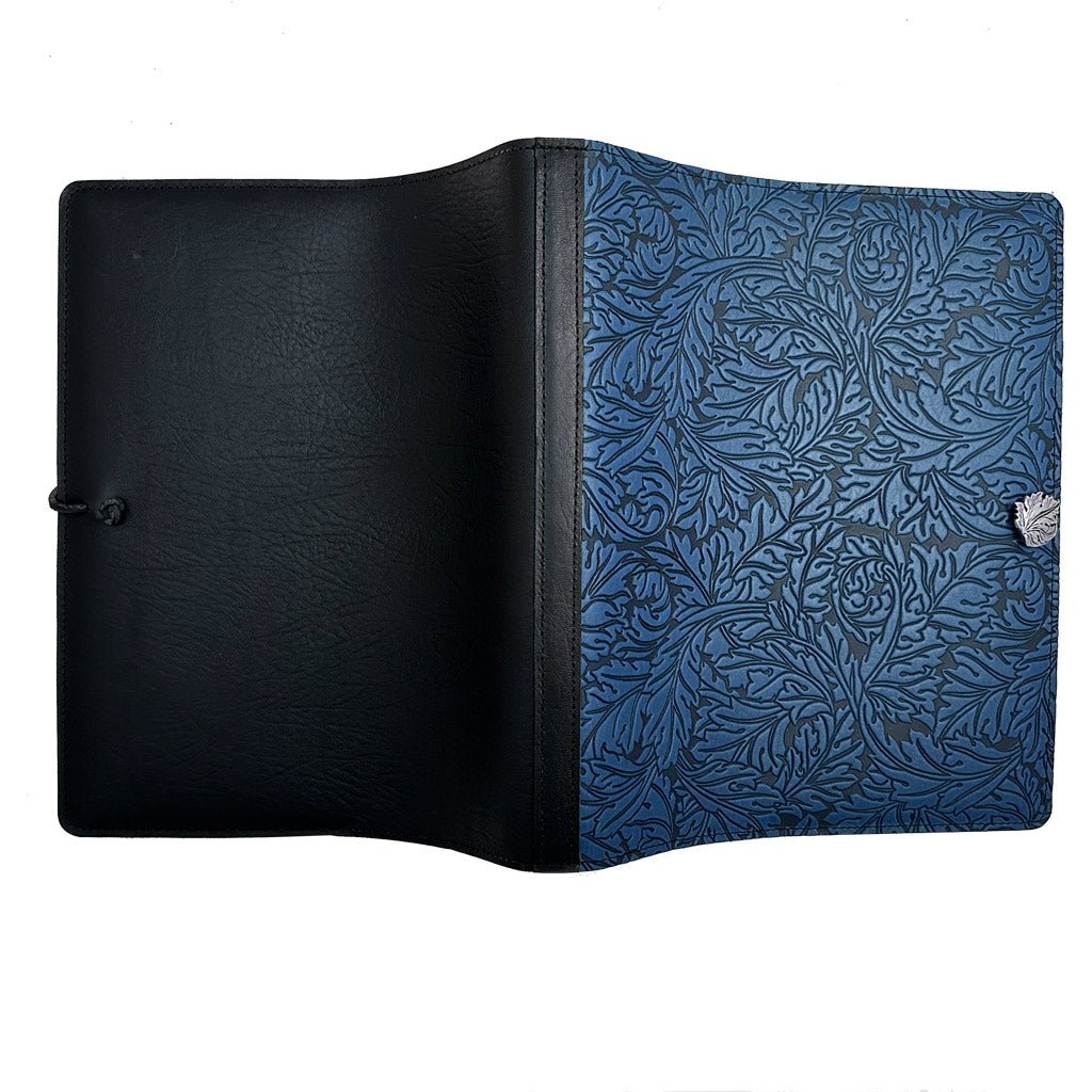 Oberon Design Extra Large Leather Refillable Journal, Acanthus Leaf in Navy, Open