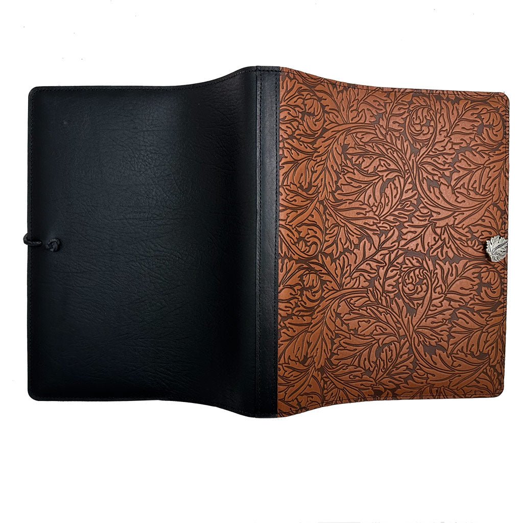 Oberon Design Extra Large Leather Refillable Journal, Acanthus Leaf in Saddle, Open