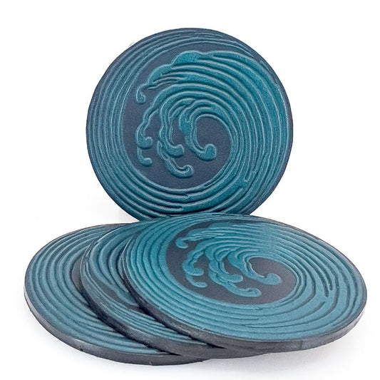 Premium Leather Coasters, Wave, Handmade in The USA, Set of 4, Blue