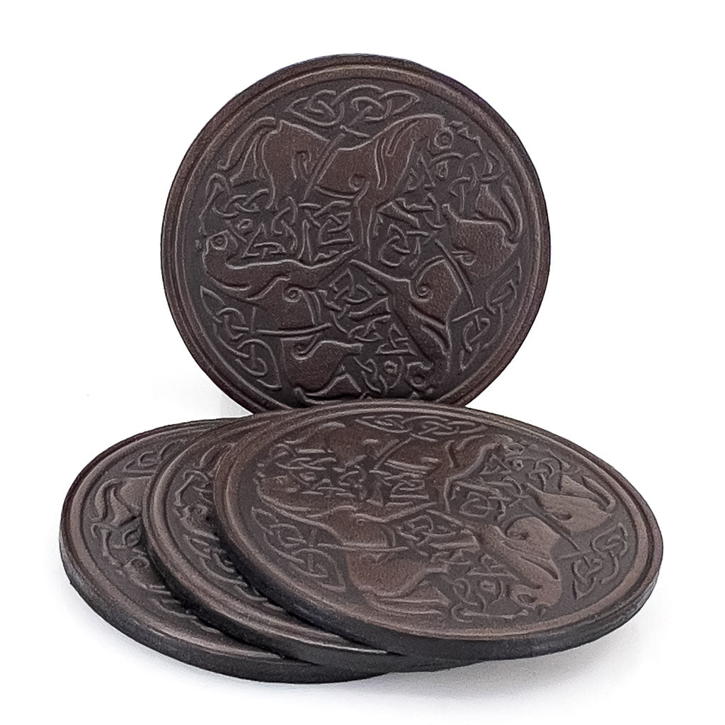 Premium Leather Coasters, Celtic Horses, Handmade in The USA, Set of 4, Chocolate