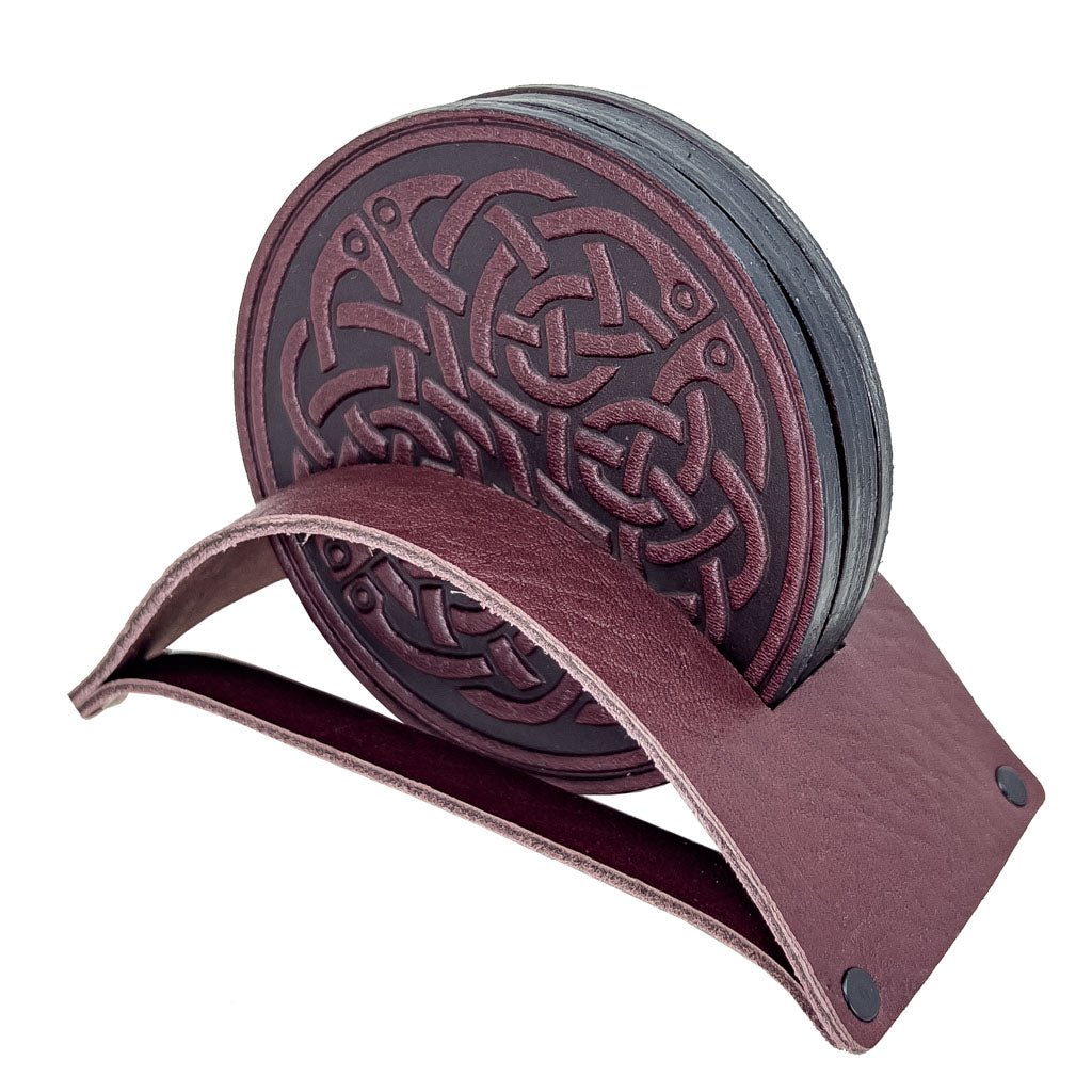Premium Leather Coasters in a Stand Holder, Celtic Fish Knot, Wine
