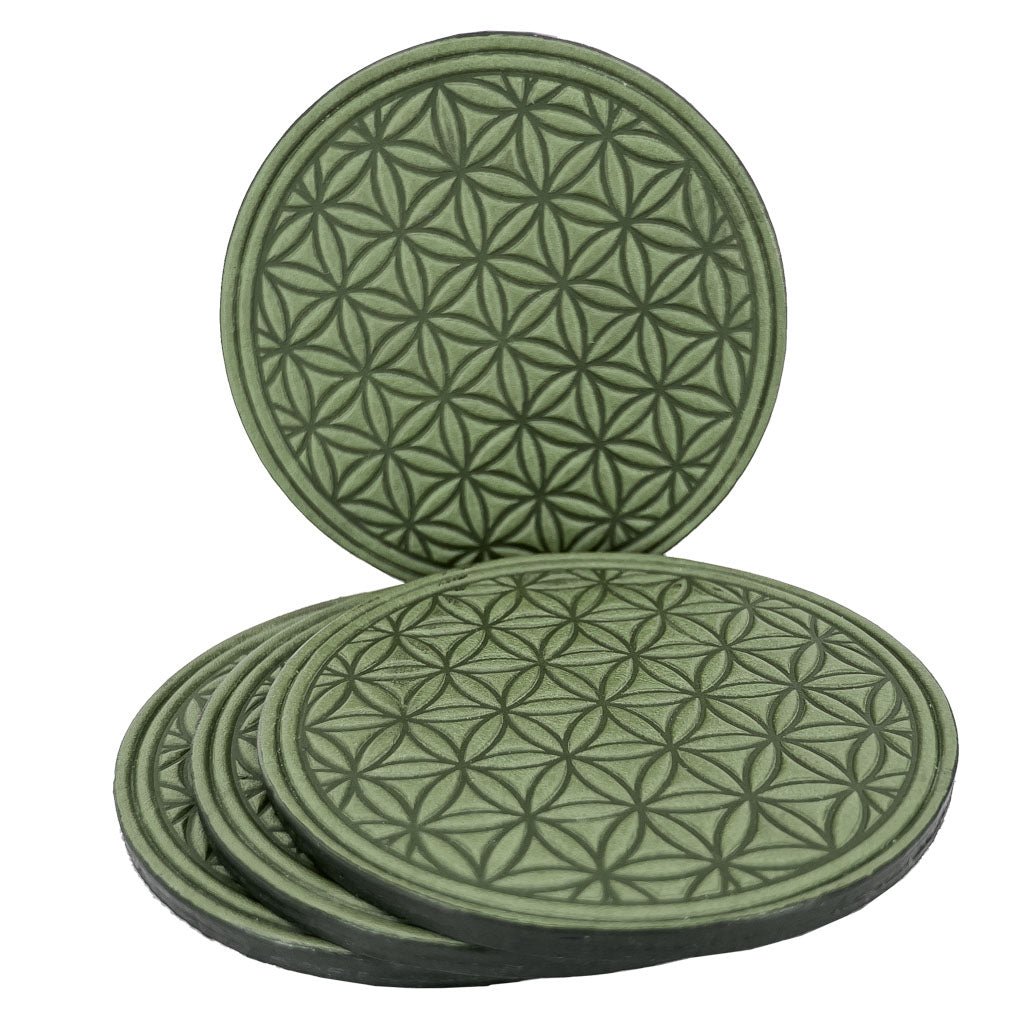 Premium Leather Coasters, Flower of Life, Handmade in The USA, Fern