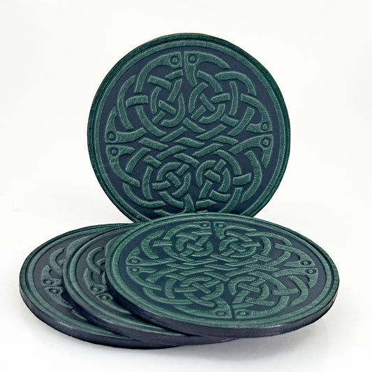 Premium Leather Coasters, Celtic Fish Knot, Handmade in The USA, Green