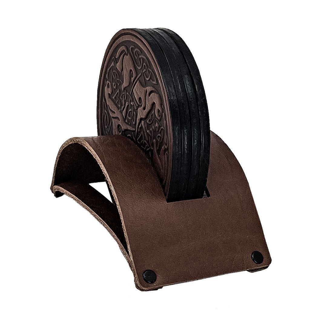 Premium Leather Coasters in Stand Holder, Celtic Horses, Chocolate
