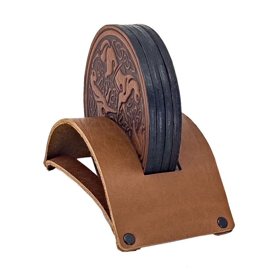 Premium Leather Coasters in Stand Holder, Celtic Horses, Saddle