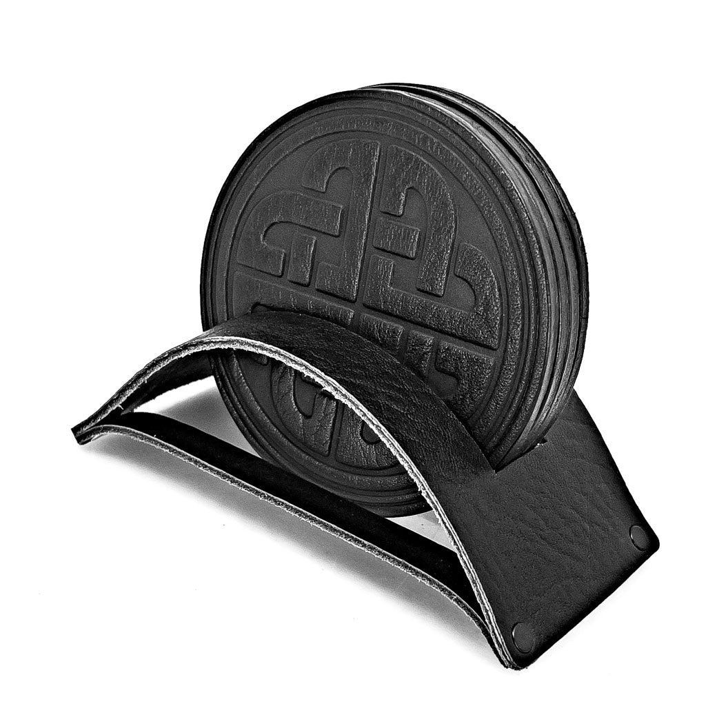 Premium Leather Coasters in Stand Holder, Handmade in The USA, Black