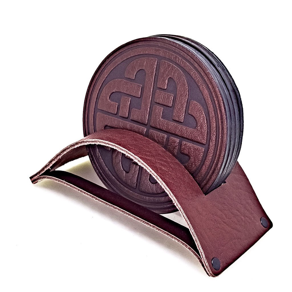Premium Leather Coasters in Stand Holder, Handmade in The USA, Wine